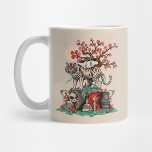 white tiger on top of a skull behind it a beautiful sakura tree and a black tomb Mug